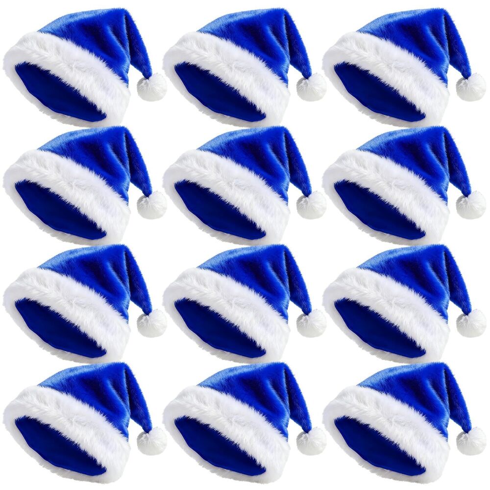 8395 12 Pcs Hanukkah Hats Blue Santa Hat Short Plush Christmas Santa Hats